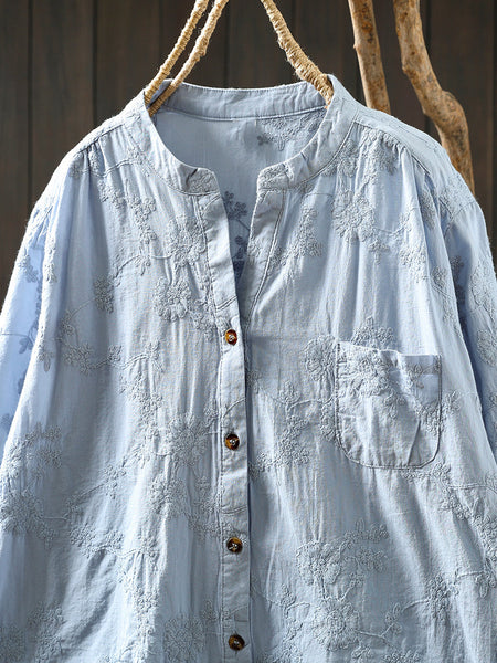 Flower 100%Cotton V-Neck Women Shirt Artsy Embroidery Summer FashionChic