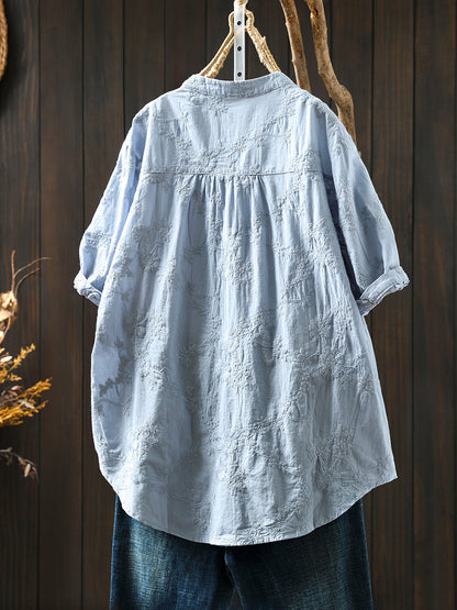 Flower 100%Cotton V-Neck Women Shirt Artsy Embroidery Summer FashionChic