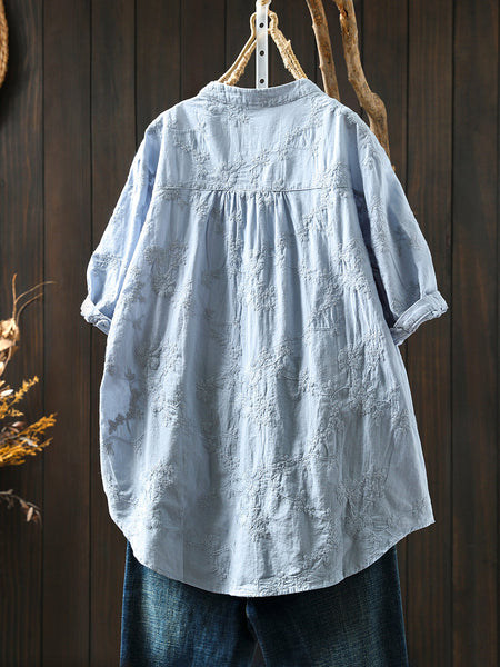 Flower 100%Cotton V-Neck Women Shirt Artsy Embroidery Summer FashionChic