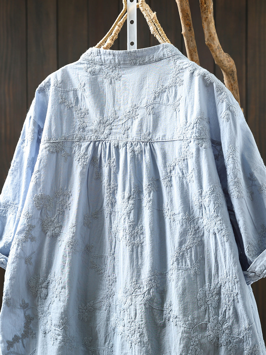 Flower 100%Cotton V-Neck Women Shirt Artsy Embroidery Summer FashionChic