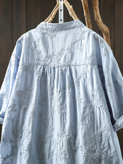 Flower 100%Cotton V-Neck Women Shirt Artsy Embroidery Summer FashionChic