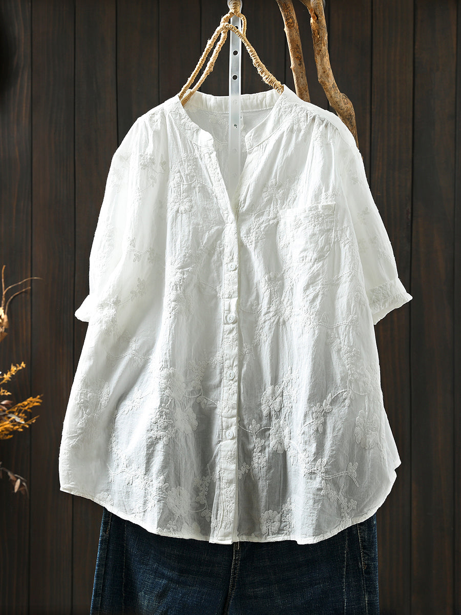 Flower 100%Cotton V-Neck Women Shirt Artsy Embroidery Summer FashionChic