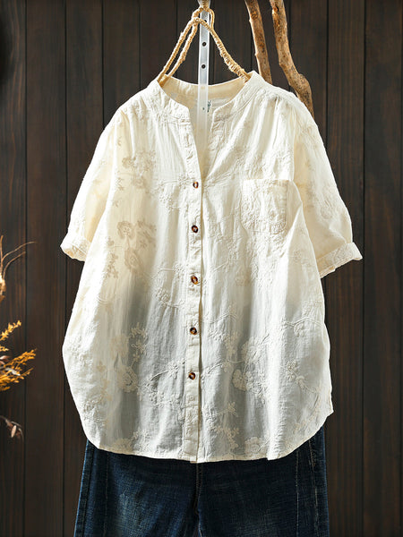 Flower 100%Cotton V-Neck Women Shirt Artsy Embroidery Summer FashionChic