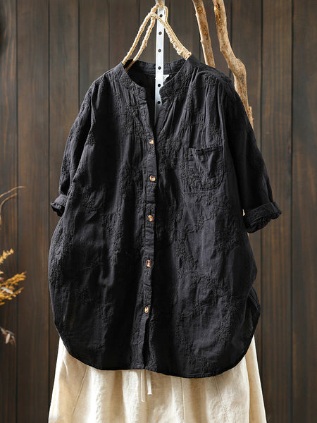 Flower 100%Cotton V-Neck Women Shirt Artsy Embroidery Summer FashionChic