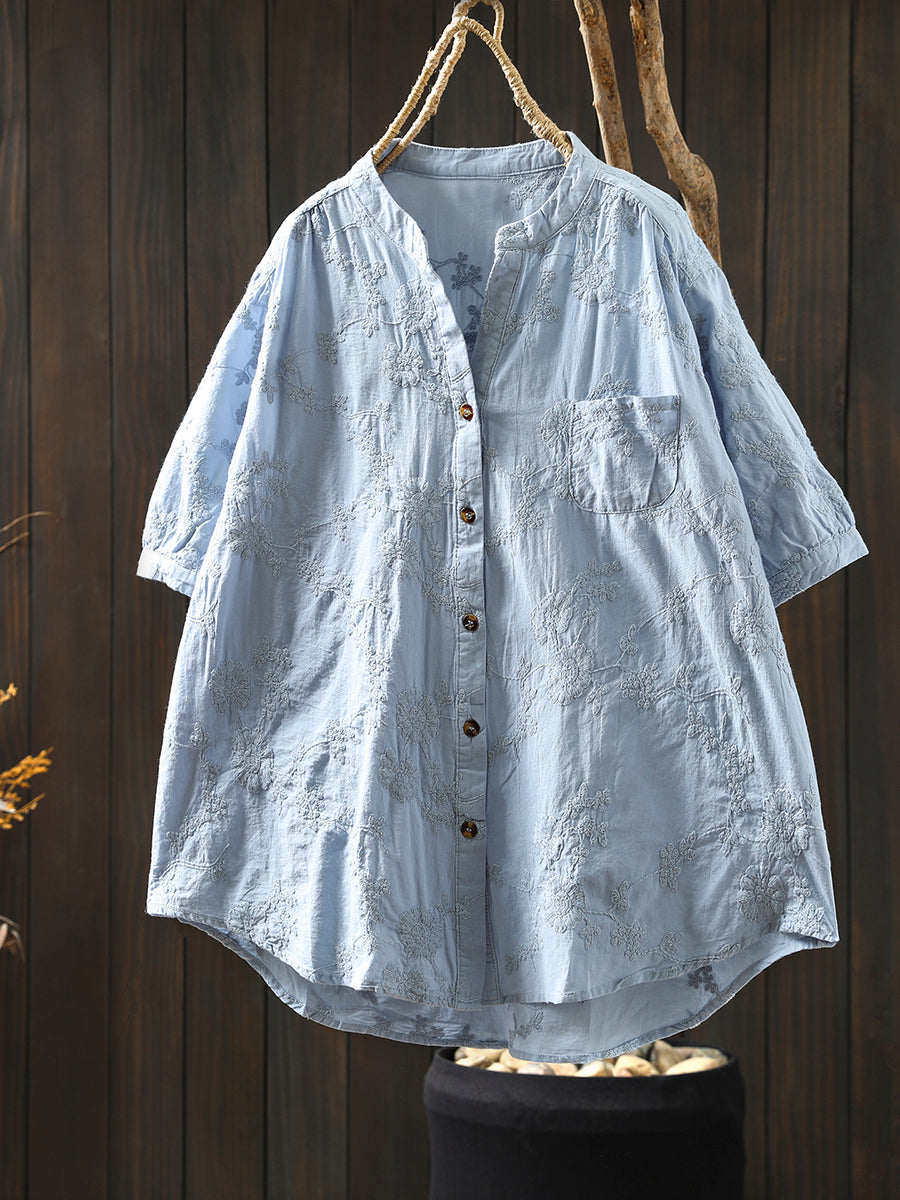 Flower 100%Cotton V-Neck Women Shirt Artsy Embroidery Summer FashionChic