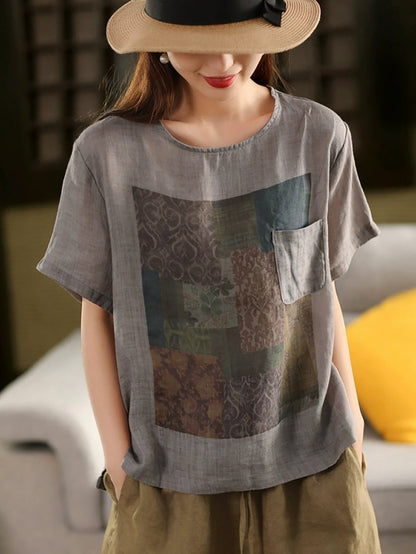Summer O-Neck Women Patchwork Shirt 100%Ramie Artsy FashionChic