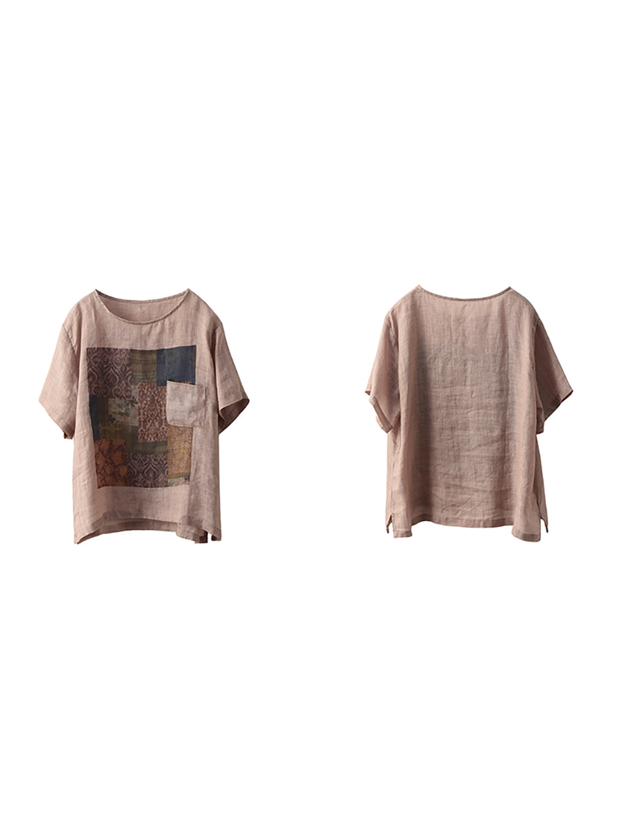 Summer O-Neck Women Patchwork Shirt 100%Ramie Artsy FashionChic