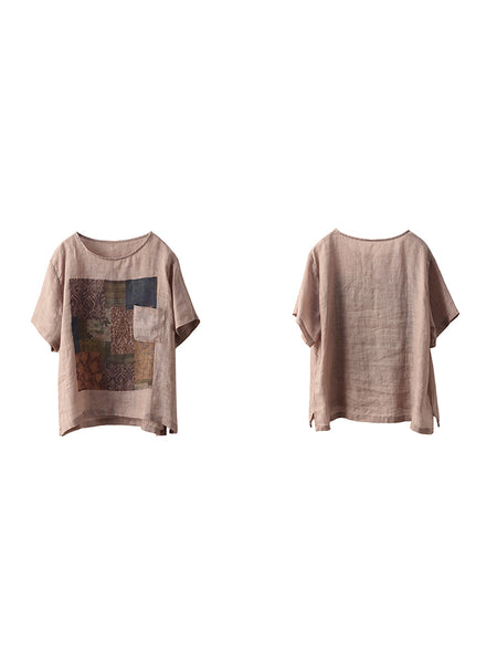 Summer O-Neck Women Patchwork Shirt 100%Ramie Artsy FashionChic