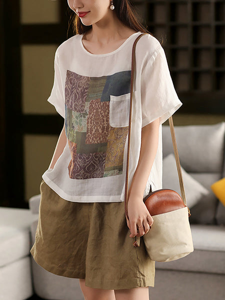 Summer O-Neck Women Patchwork Shirt 100%Ramie Artsy FashionChic