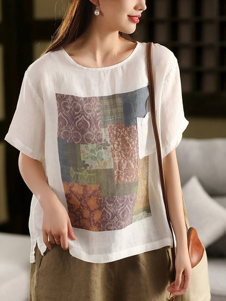 Summer O-Neck Women Patchwork Shirt 100%Ramie Artsy FashionChic
