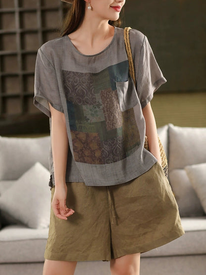 Summer O-Neck Women Patchwork Shirt 100%Ramie Artsy FashionChic