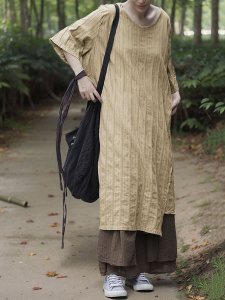 Dress Women Summer O-Neck Cotton Stripe Retro FashionChic