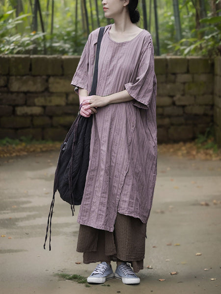 Dress Women Summer O-Neck Cotton Stripe Retro FashionChic