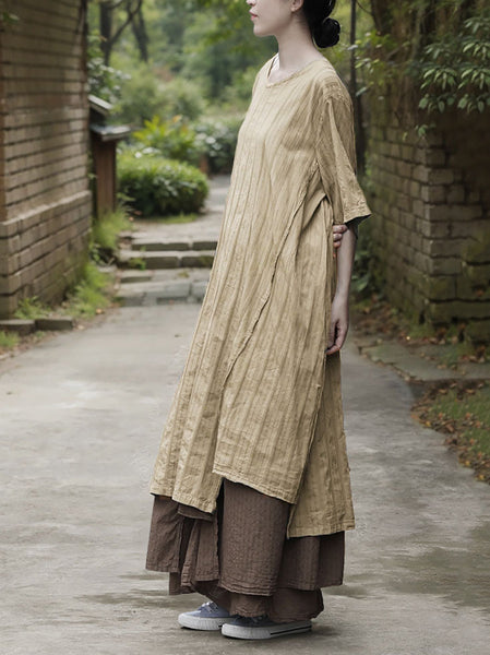 Dress Women Summer O-Neck Cotton Stripe Retro FashionChic