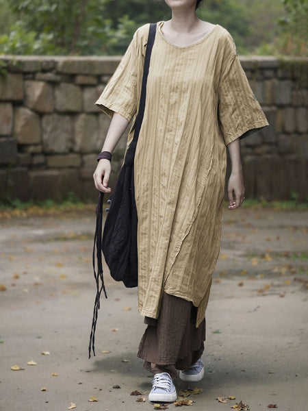 Dress Women Summer O-Neck Cotton Stripe Retro FashionChic