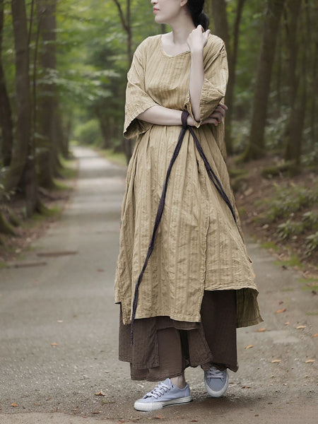 Dress Women Summer O-Neck Cotton Stripe Retro FashionChic