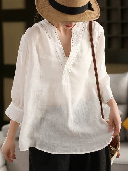 Color 100%Linen Summer V-Neck Pure Shirt Women FashionChic