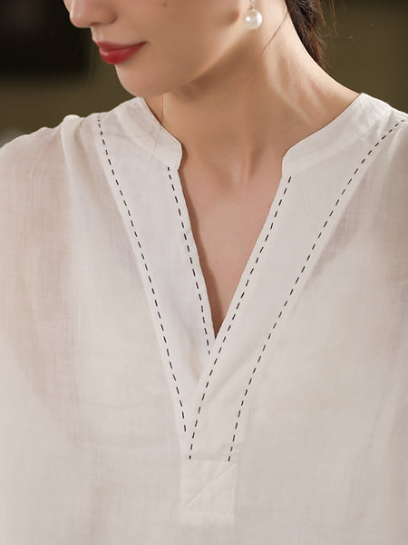 Color 100%Linen Summer V-Neck Pure Shirt Women FashionChic
