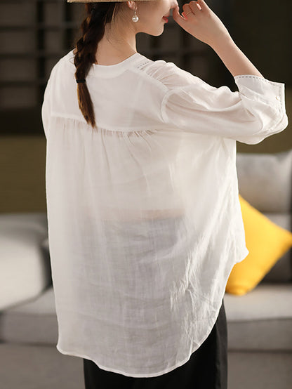 Color 100%Linen Summer V-Neck Pure Shirt Women FashionChic