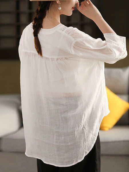 Color 100%Linen Summer V-Neck Pure Shirt Women FashionChic