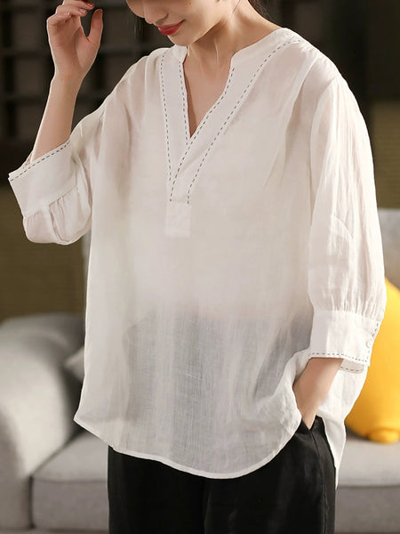 Color 100%Linen Summer V-Neck Pure Shirt Women FashionChic