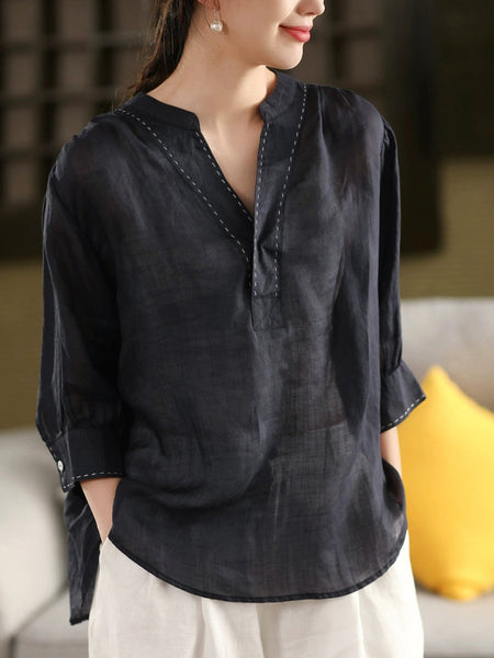 Color 100%Linen Summer V-Neck Pure Shirt Women FashionChic