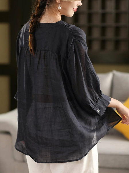 Color 100%Linen Summer V-Neck Pure Shirt Women FashionChic