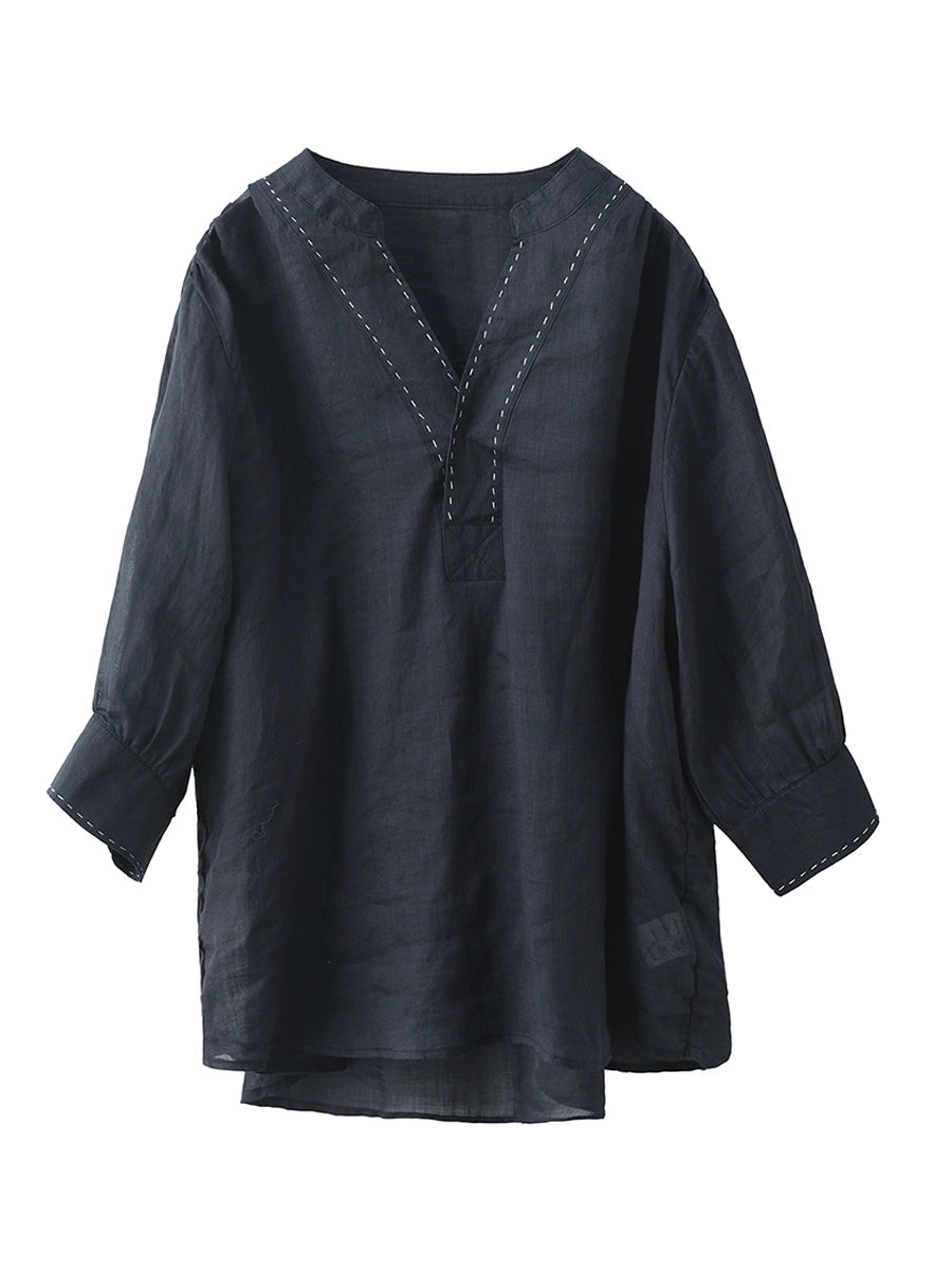 Color 100%Linen Summer V-Neck Pure Shirt Women FashionChic