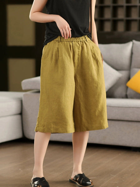 Color Pants Summer 100%Linen Women Pure Straight Fifth FashionChic