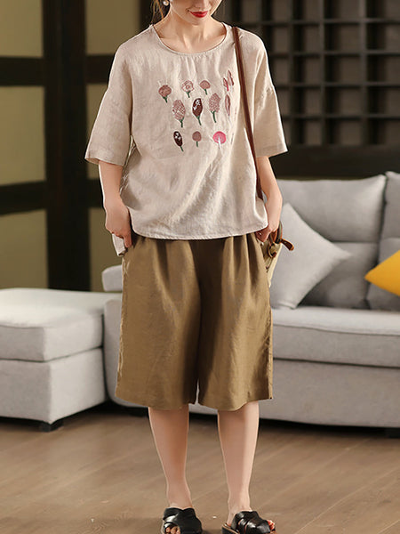 Color Pants Summer 100%Linen Women Pure Straight Fifth FashionChic