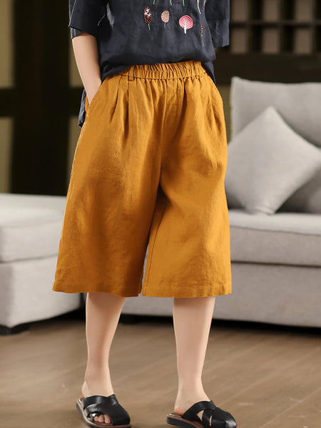 Color Pants Summer 100%Linen Women Pure Straight Fifth FashionChic