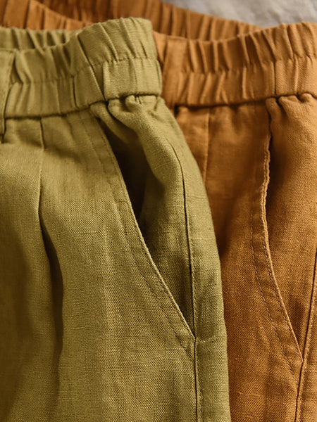 Color Pants Summer 100%Linen Women Pure Straight Fifth FashionChic