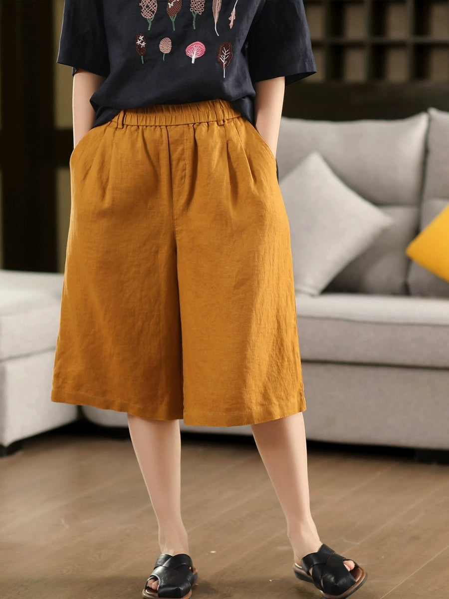 Color Pants Summer 100%Linen Women Pure Straight Fifth FashionChic
