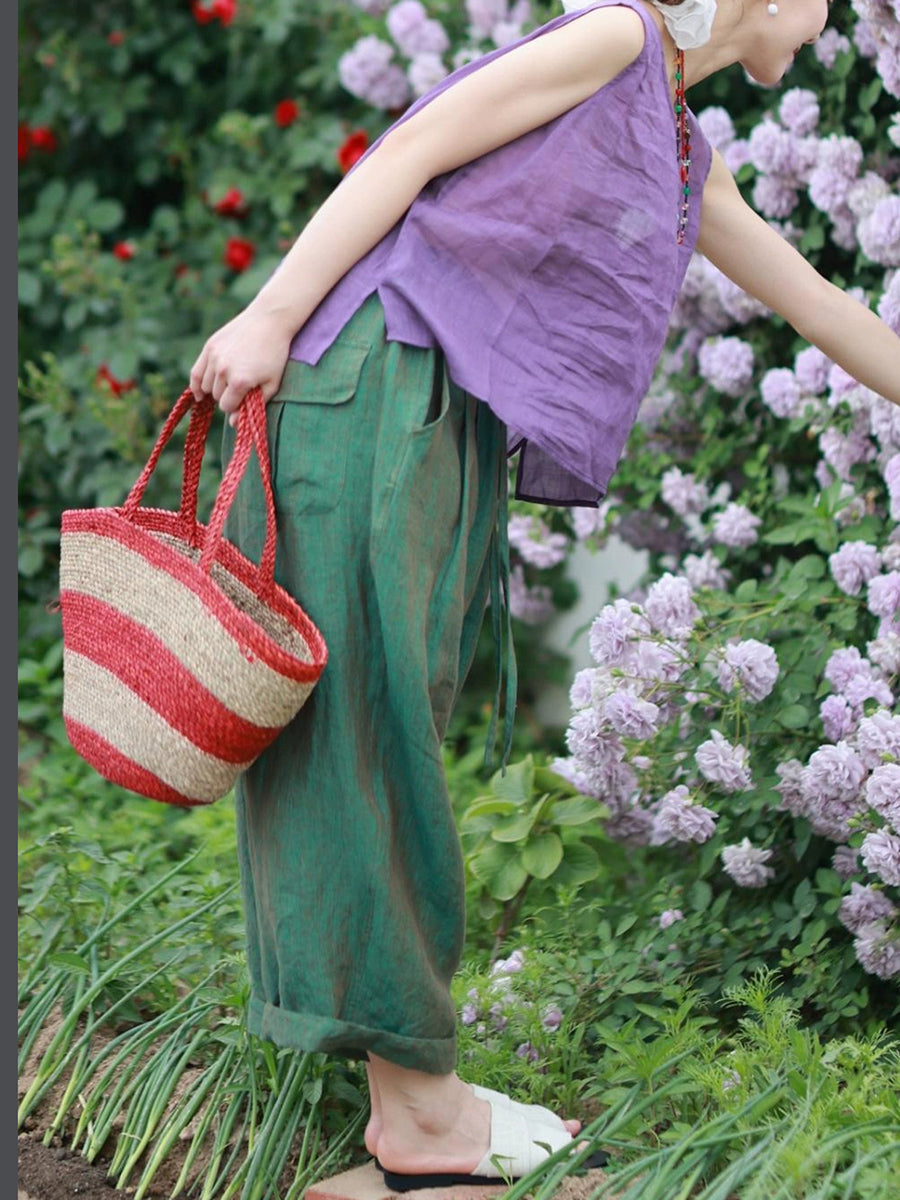 Summer Pants 100%Linen Women Wide-leg Color Pure FashionChic