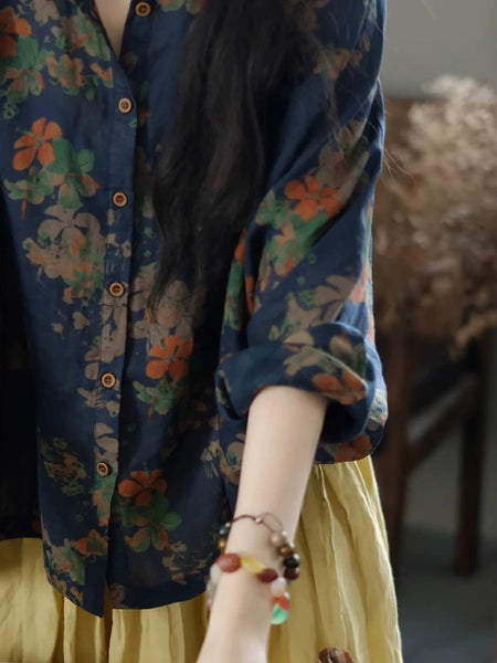 Women Artsy Summer Flower Collar Turn-down Shirt 100%Ramie FashionChic