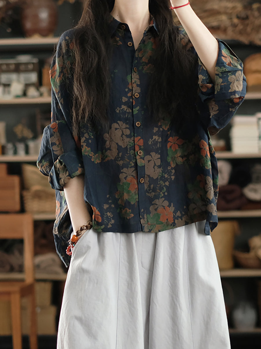 Women Artsy Summer Flower Collar Turn-down Shirt 100%Ramie FashionChic