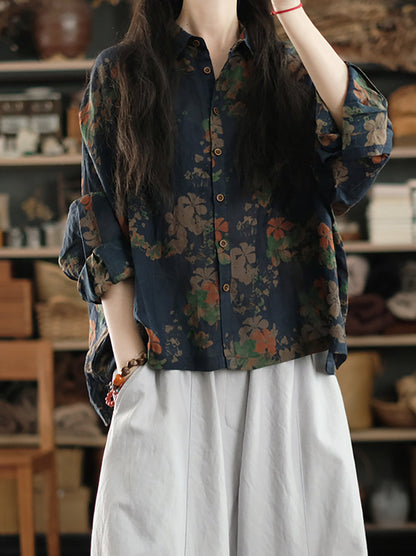 Women Artsy Summer Flower Collar Turn-down Shirt 100%Ramie FashionChic