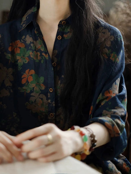 Women Artsy Summer Flower Collar Turn-down Shirt 100%Ramie FashionChic