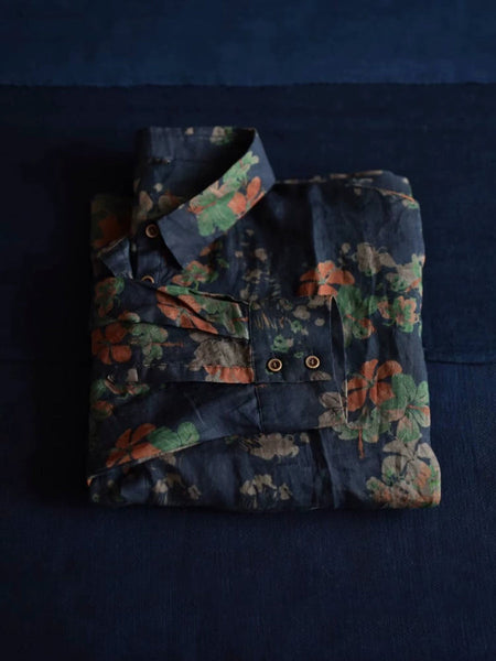 Women Artsy Summer Flower Collar Turn-down Shirt 100%Ramie FashionChic