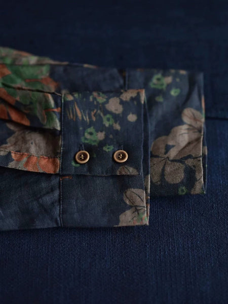 Women Artsy Summer Flower Collar Turn-down Shirt 100%Ramie FashionChic