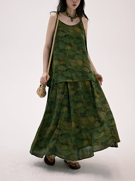 Skirt Summer Lotus Women Leaf Retro Spliced 100%Cotton FashionChic