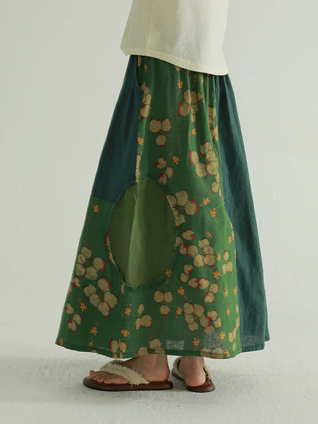 Colorblock Summer Women Skirt Spliced Retro Flower FashionChic