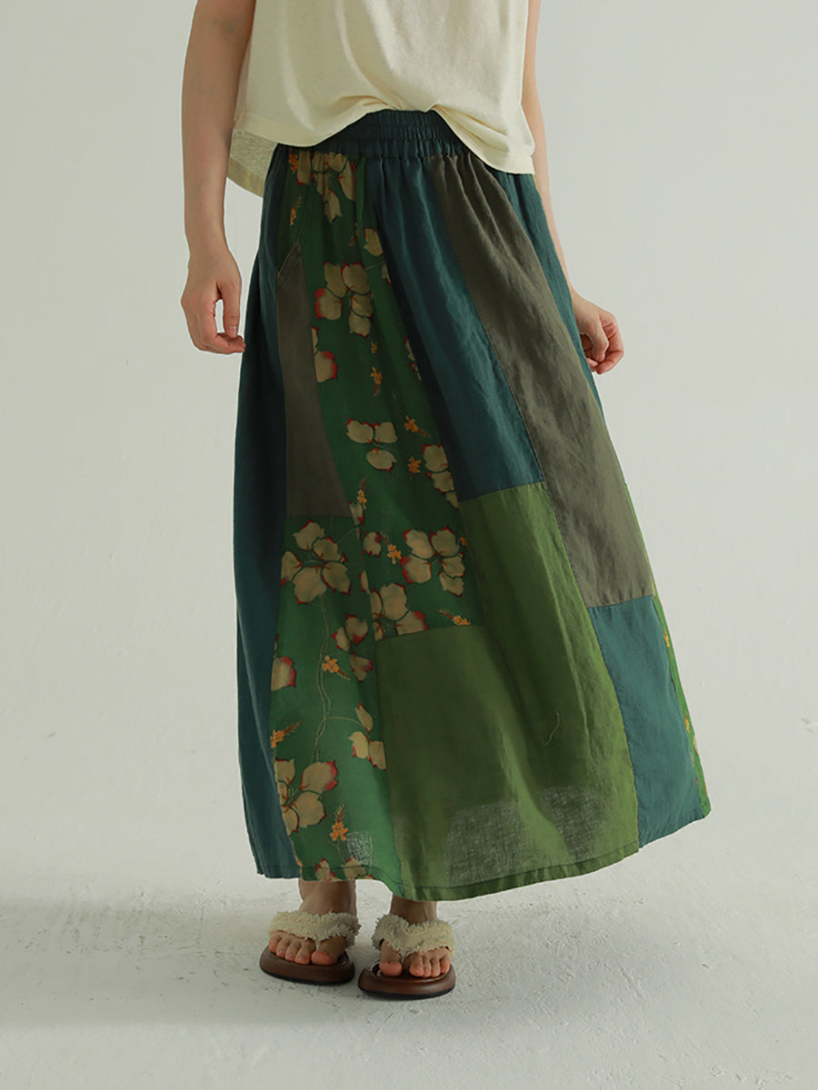 Colorblock Summer Women Skirt Spliced Retro Flower FashionChic