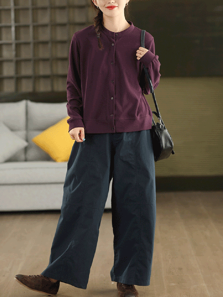 Autumn 100%Cotton Color Pure O-Neck Shirt Casual Women FashionChic