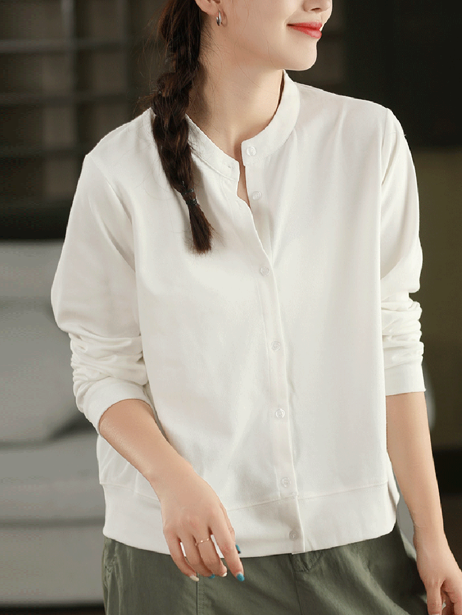 Autumn 100%Cotton Color Pure O-Neck Shirt Casual Women FashionChic