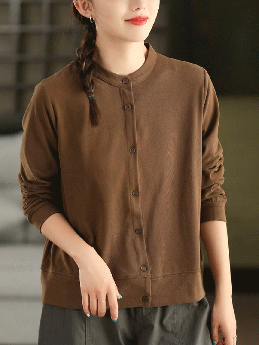 Autumn 100%Cotton Color Pure O-Neck Shirt Casual Women FashionChic