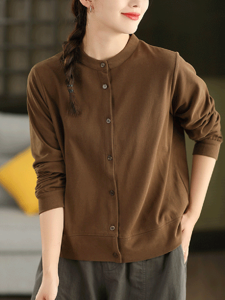 Autumn 100%Cotton Color Pure O-Neck Shirt Casual Women FashionChic