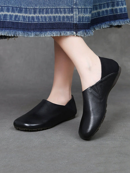 Spliced Leather Flat Soft Women Vintage Shoes FashionChic