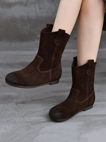 Spliced Low Boots Vintage Women Genuine Leather Heel FashionChic