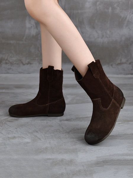 Spliced Low Boots Vintage Women Genuine Leather Heel FashionChic